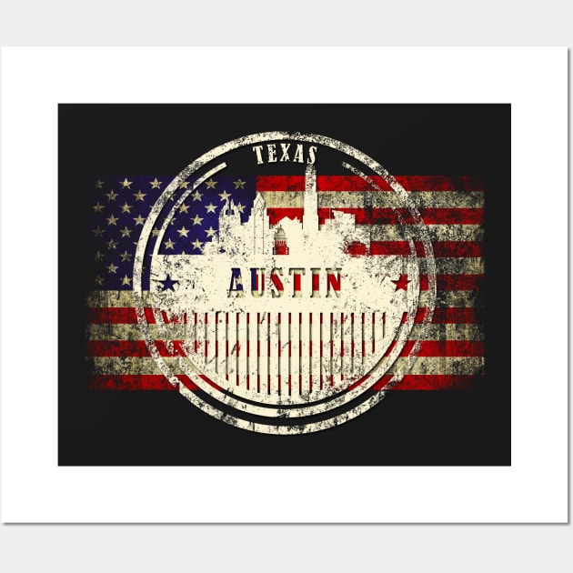 US flag with silhouette Austin City Wall Art by DimDom